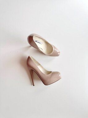 BRIAN ATWOOD Maniac 120 Nude Patent Leather Almond Toe Platform Pumps, Size 36.5